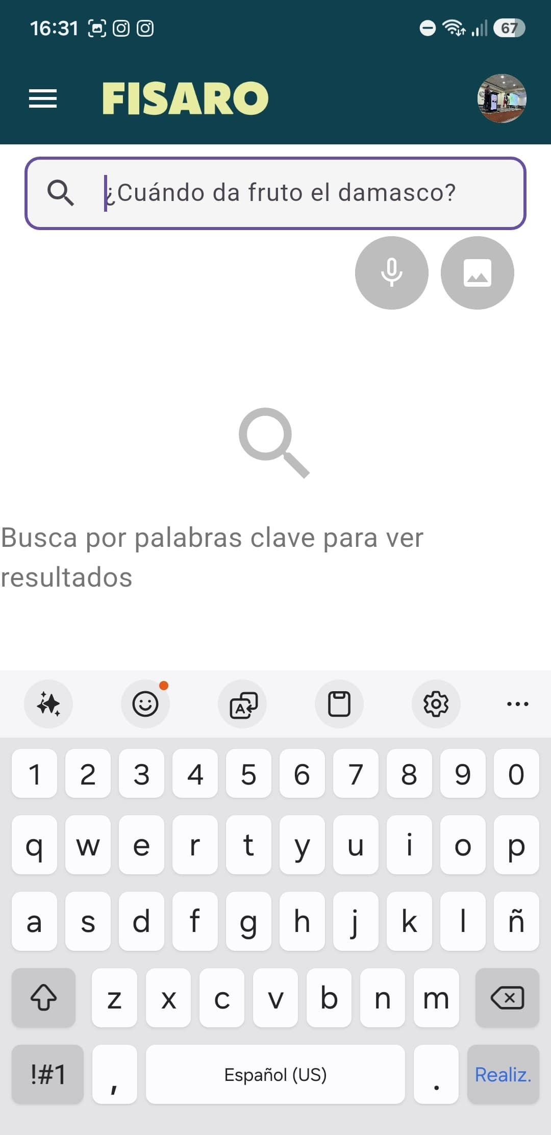 Buscador de Fisaro con la pregunta ¿Cuándo da fruto el damasco? escrita en el campo de búsqueda